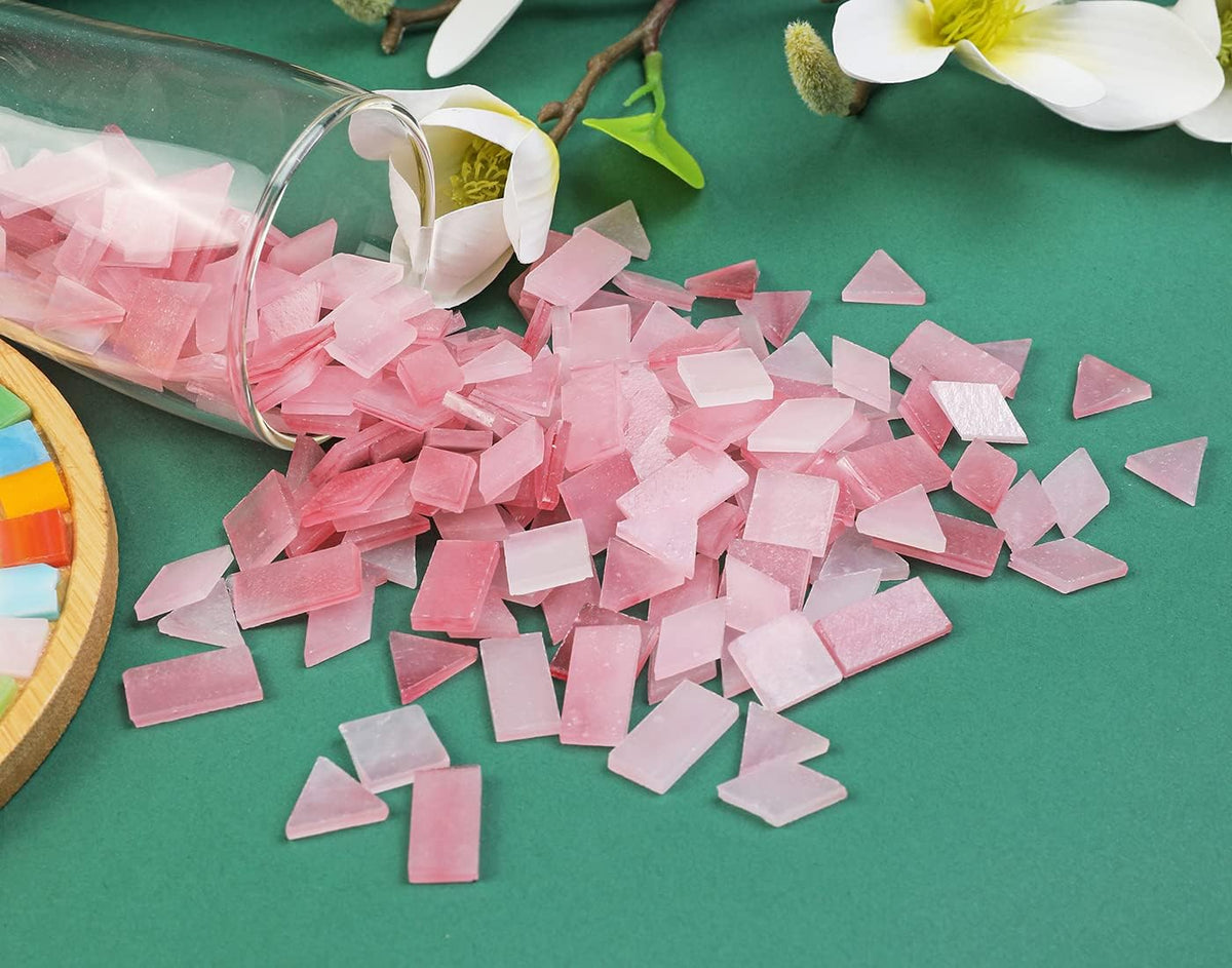 Lanyani 200 Pieces Glass Mosaic Tiles for Crafts,4 Shapes Mixed Colorful Tiffany Stained Glass Pieces,Square/Rectangle/Diamond/Triangle,Ice Pink