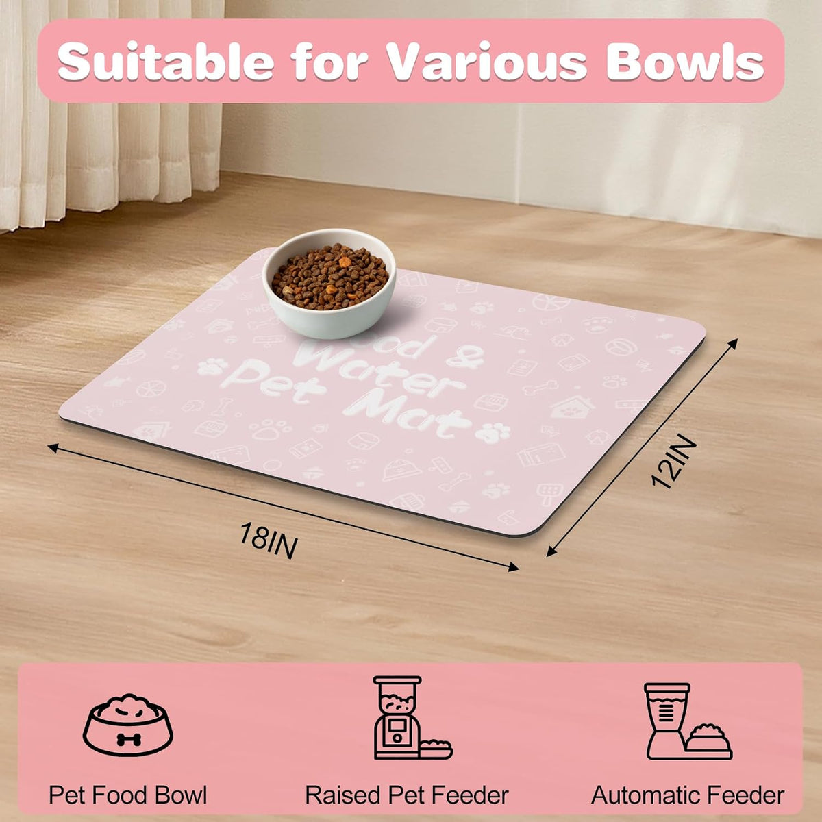 Pet Feeding Mat,Dog Cat Mat for Food and Water,Dog Bowl Waterproof Placemat with Rubber Backing,Absorbent Quick Dry Water Dispenser Mat for Pet(Pink 12"×18")