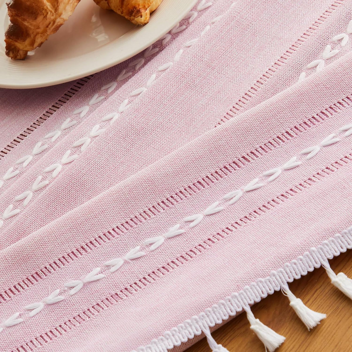 ZeeMart Hemstitched Striped Boho Table Cloth, 54 Inch Round Pink