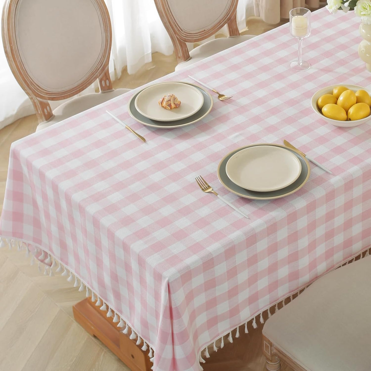 Pink Gingham Tablecloth Rectangle 55 x 75 Inch, Washable Checkered Plaid Table Cloth Heavy Duty Linen Cotton Fabric for Mothers Day Outdoor Picnic Party Freshly Graduated