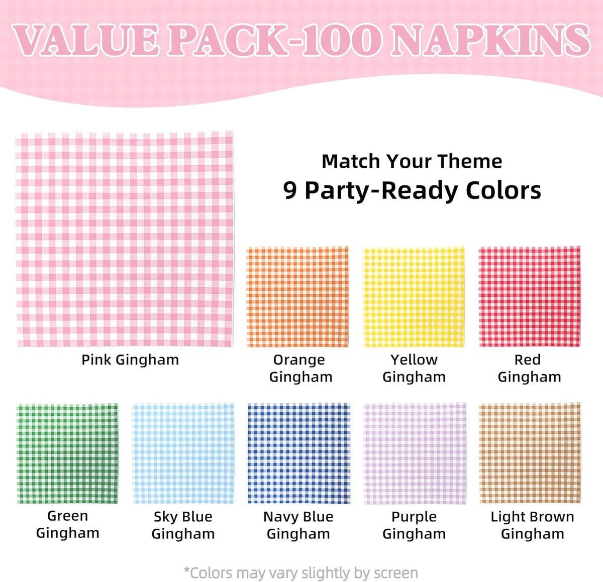 Vyntra 100 Count Gingham Disposable Paper Napkins, Checkered Party Napkins (Pink Gingham-100, 100 Pcs)