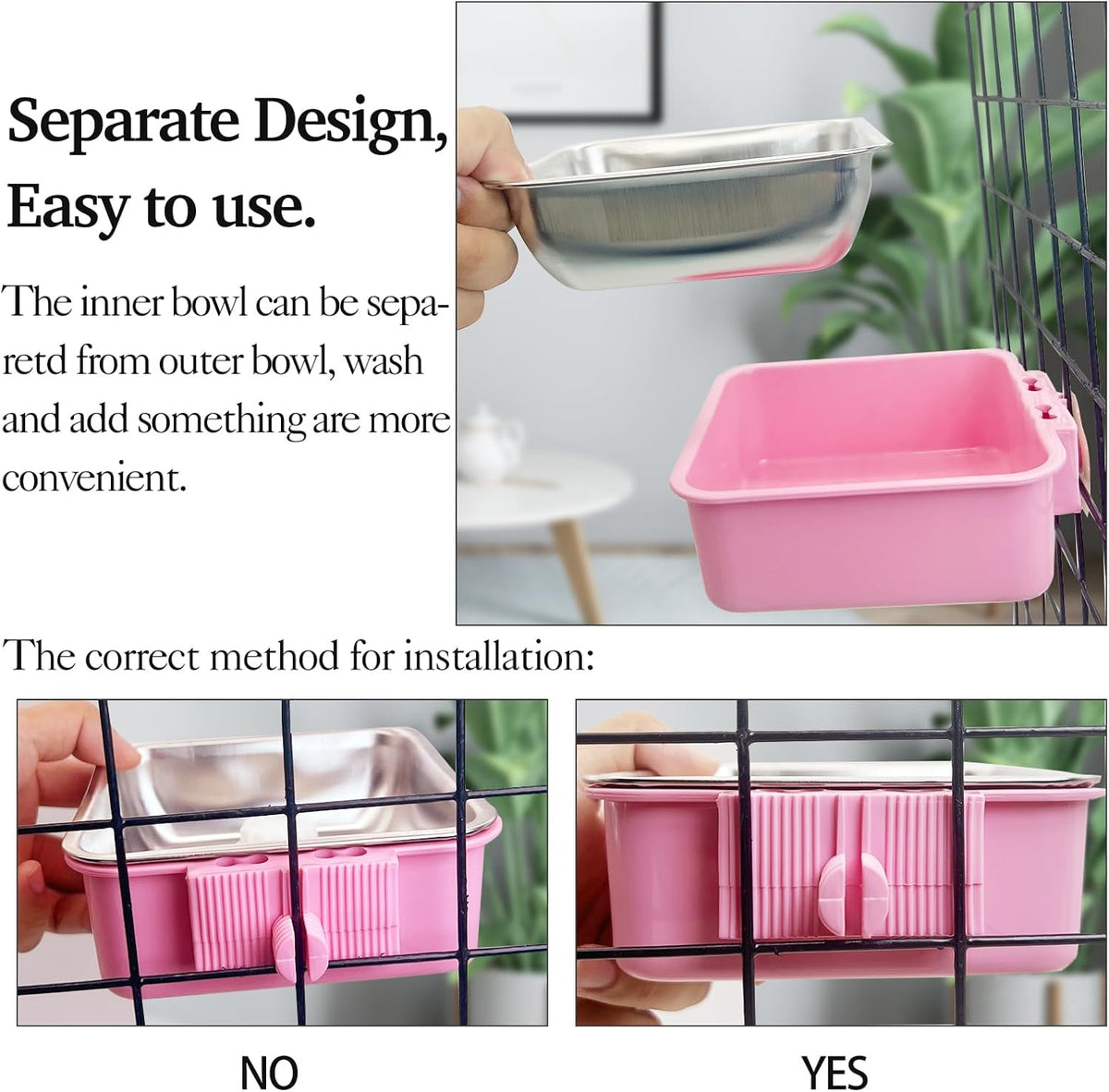 kathson Crate Dog Bowl, Removable Stainless Steel Hanging Pet Kennel Cage Bowl Food & Water Feeder Coop Cup for Puppy, Cat, Rabbit, Guinea Pigs 3pcs Small Square(Blue, Green, and Pink)