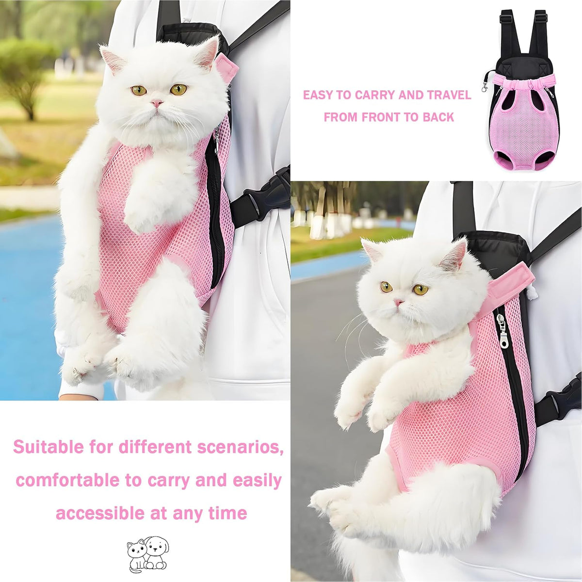 Pet Carrier Backpack, Adjustable Pet Front Carriers for Small Medium Dogs Cats 5-18 Lbs, Legs Out, Dog Cat Carrier Backpack for Hiking,Camping,Traveling,Cycling (Pink, Medium(Fit:5-10lb))