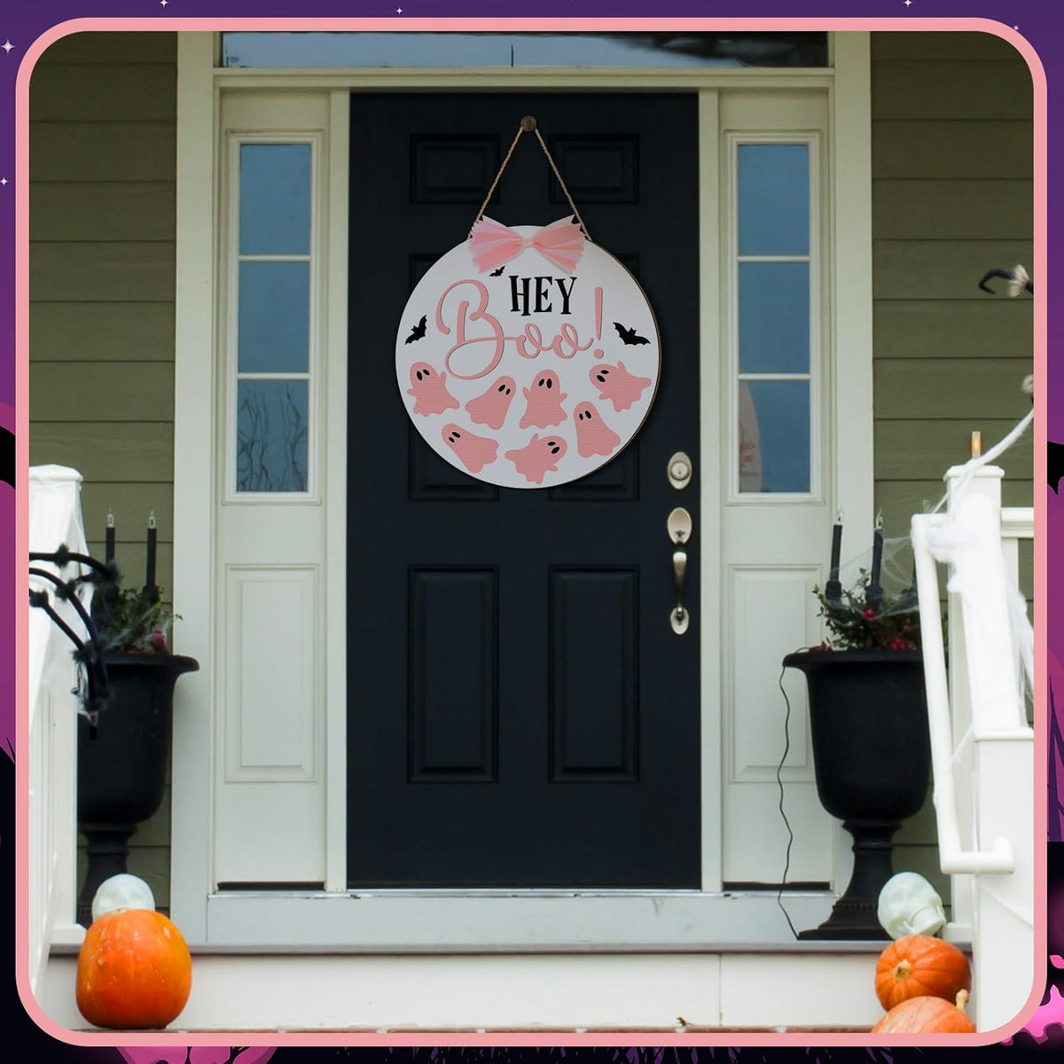 Halloween Door Sign Pink Ghost Wreath Decor Boo Wooden Hanging Sign