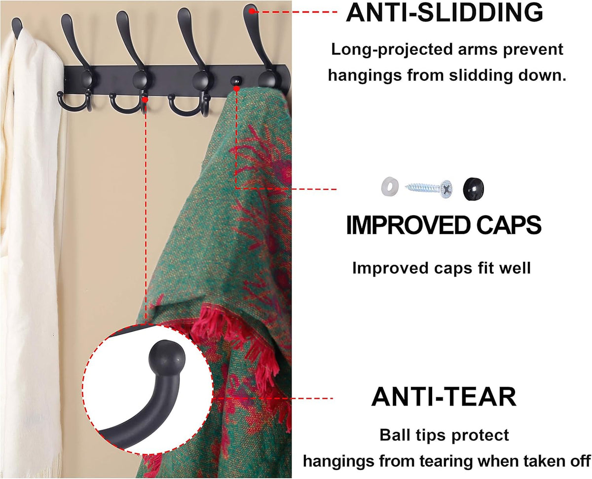 Coat Rack Wall Mounted - 5 Tri Hooks, Heavy Duty, Stainless Steel, Metal Coat Hook Rail for Coat Hat Towel Purse Robes Mudroom Bathroom Entryway (Pink, Pack of 2)