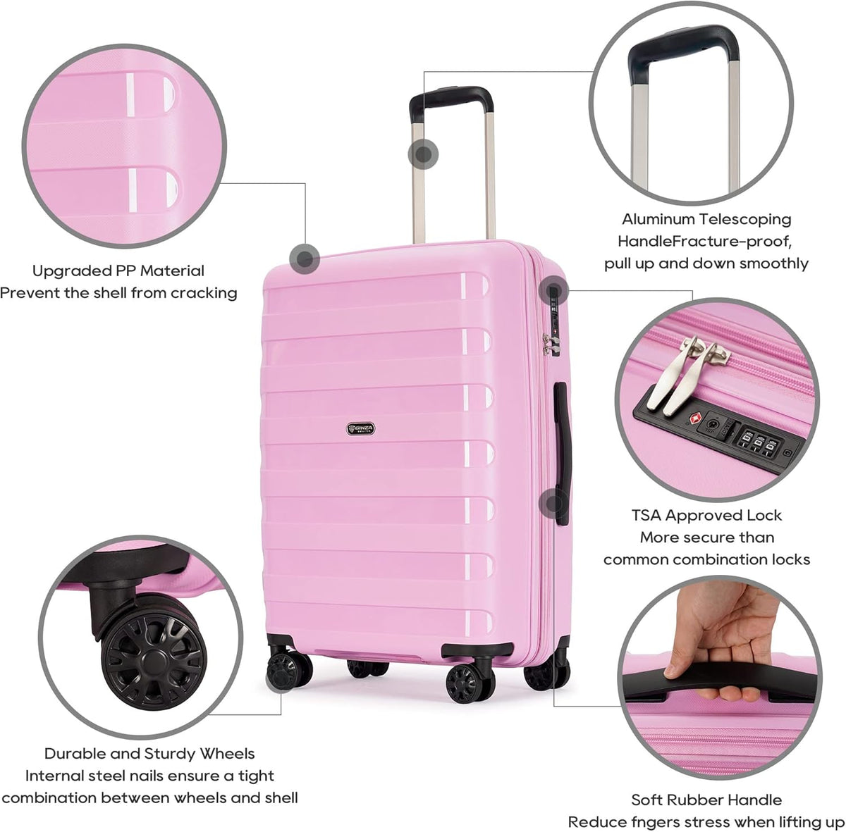 PP material 3-piece expandable luggage sets with Spinner Wheels, Suitcase with TSA Lock,Large Luggage for Family Travel carry on 20/24/28,Light pink color