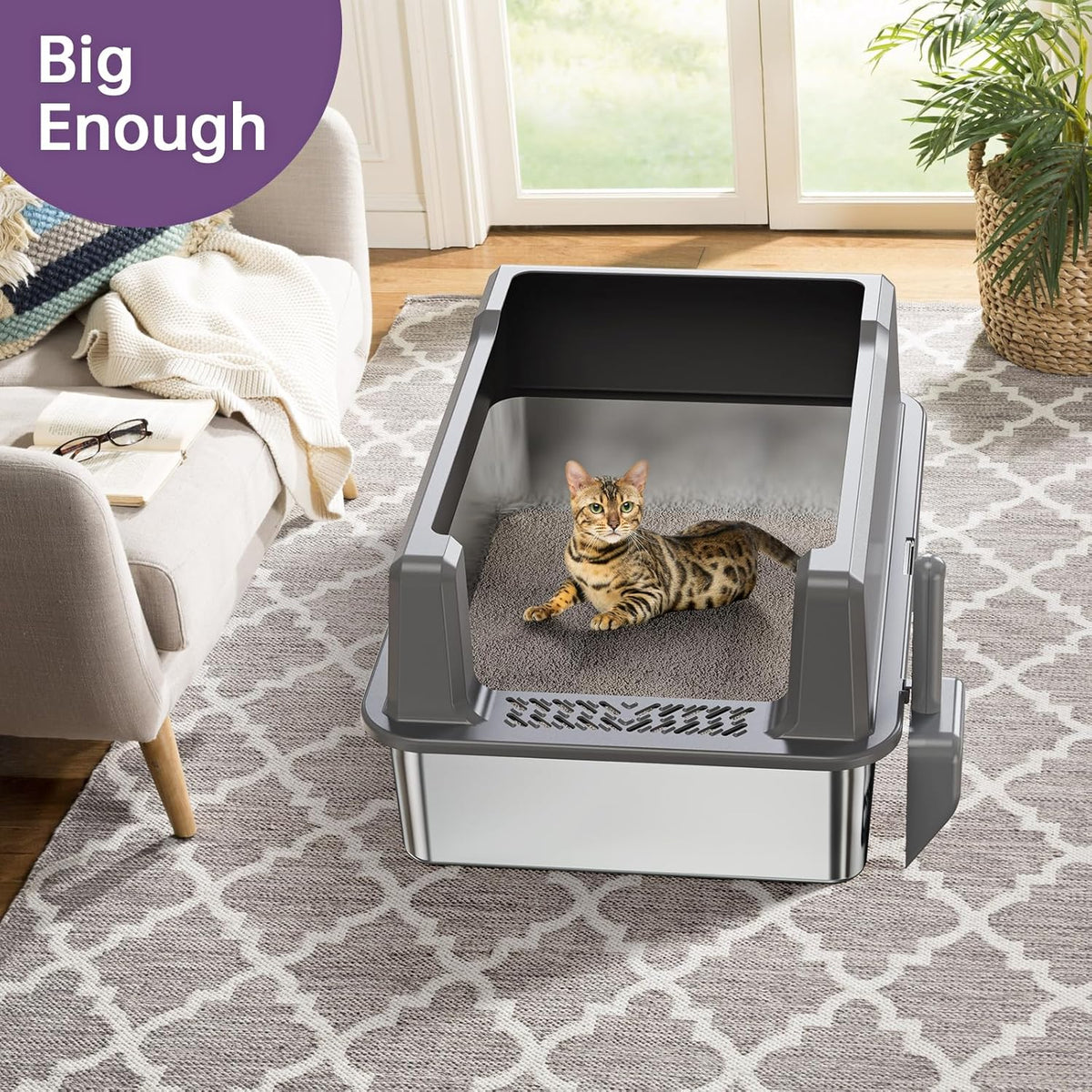 Extra Large XXL Stainless Steel Cat Litter Box with Lid, 26" L x 18" W x 12" H Metal Litter Box with Hight Sides for Big Cats & Multiple Cats, Never Absorbs Odors, Anti-Urine Leakage, Easy Cleaning