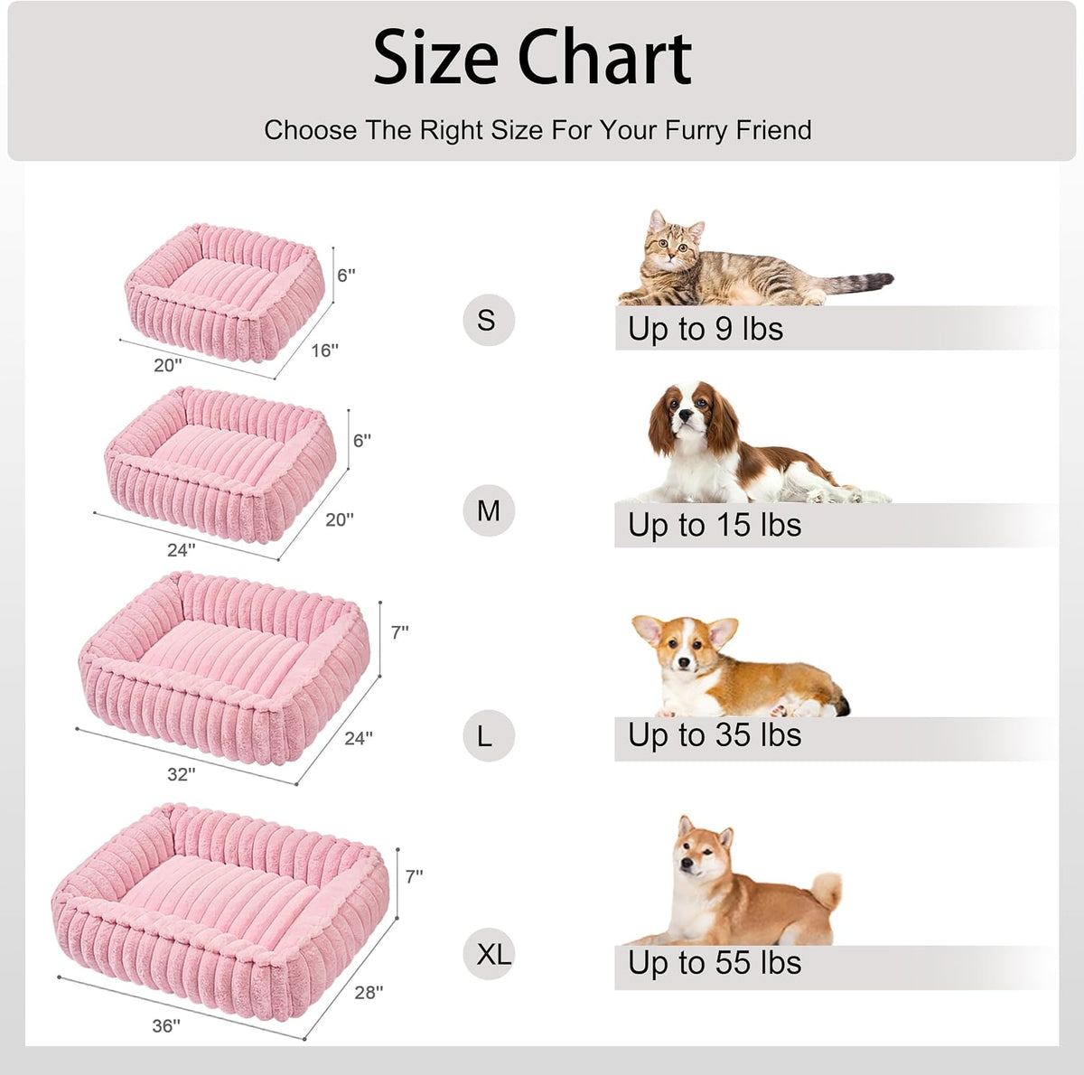 Calming Dog Bed for Small Dogs 20''x16'', Rectangle Orthopedic Soft Cat Bed for Indoor Cats, Washable Anti-Anxiety Cozy Pet Sofa Beds with Anti-Slip Bottom, Pink