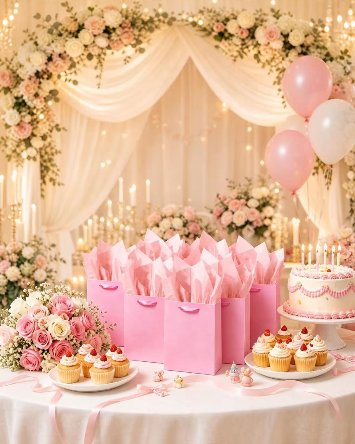 10PCS Pink Mini Gift Bags with Tissue Paper Handles 6.3"x4.7"x2.4" Small Size Present Party Favor Bags(Tissue Paper )