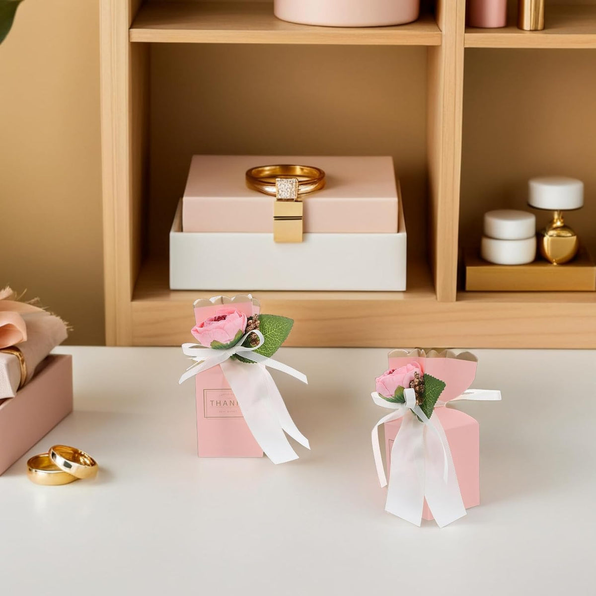 SEWACC 12pcs Floral Candy Treat Boxes with Ribbon Bow Wedding Favor Boxes for Anniversary Birthday Party Packaging in Light Pink