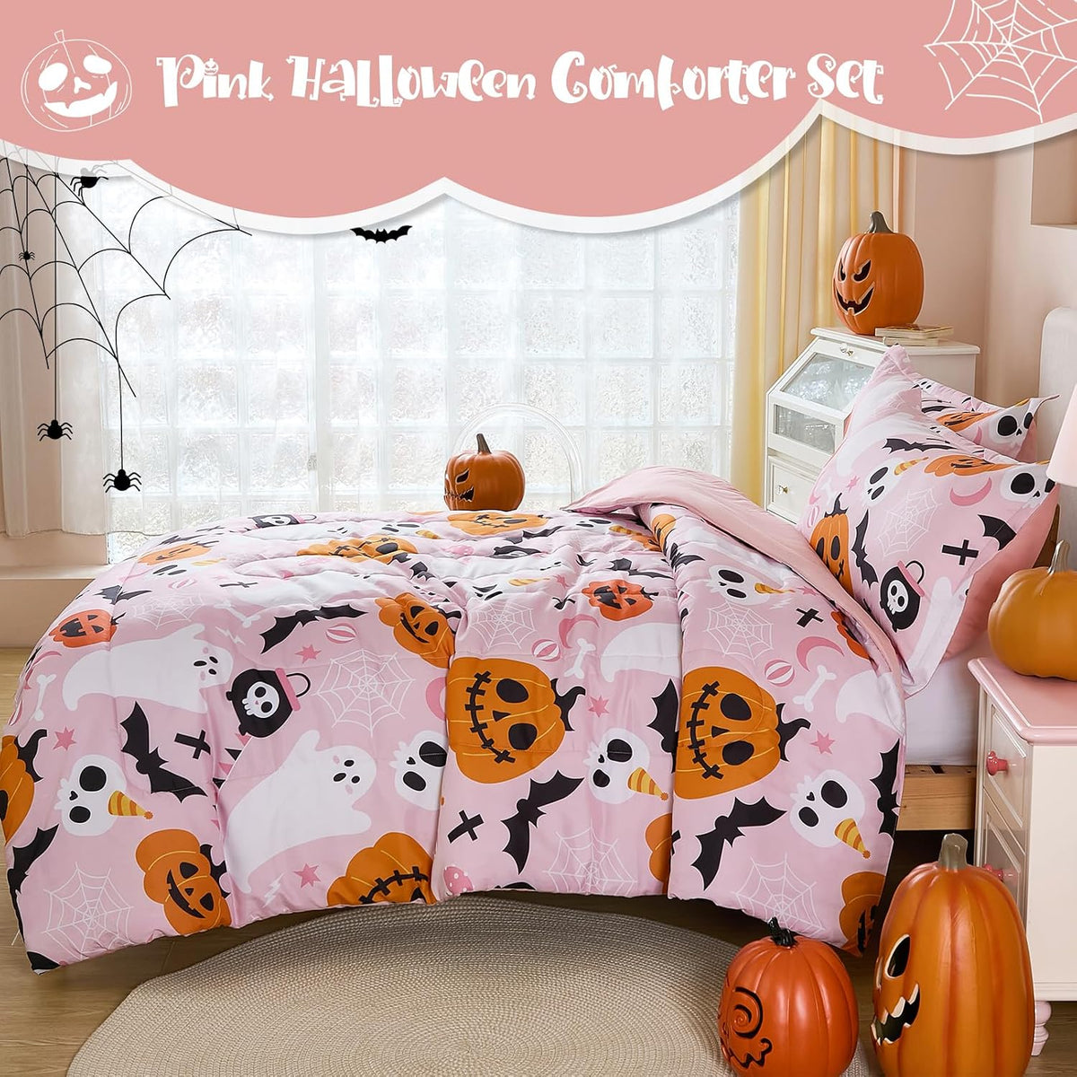 Pink Halloween Comforter Set Queen Size, Cute Ghost Pumpkin Bedding Set