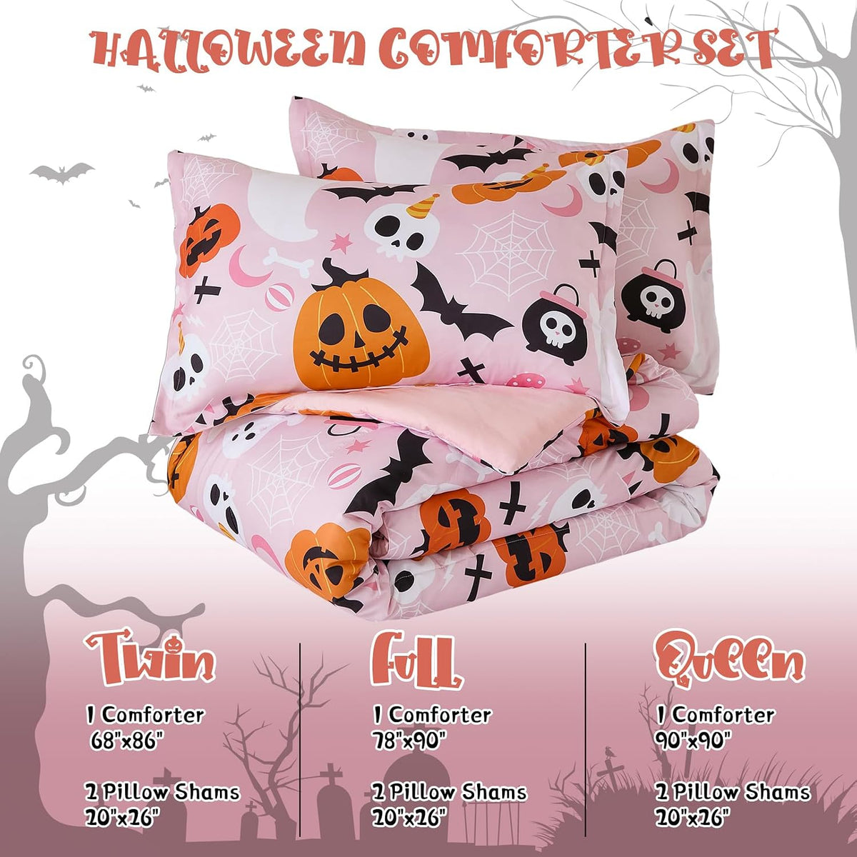 Pink Halloween Comforter Set Queen Size, Cute Ghost Pumpkin Bedding Set