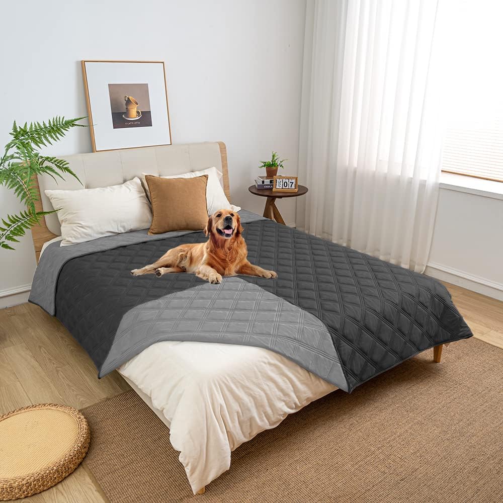 fuguitex Waterproof Dog Blanket Reversible for Small Dogs Resistant Leakproof Washable Couch Cushion Bed Protector Cover for Indoor Furniture Pet Friendly（52"*82",Dark Grey+Grey