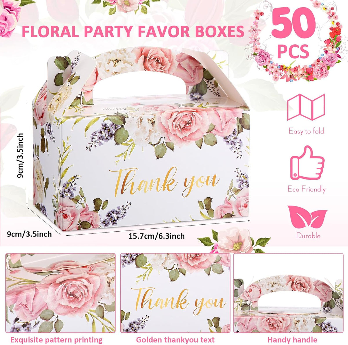 Xinnun 50 Pcs Thank You Treat Boxes Thanksgiving Floral Gift Box Wedding Party Favors Boxes Employee Appreciation Gifts Box Bulk for Thanksgiving Christmas Valentines Wedding Tea Party Supplies