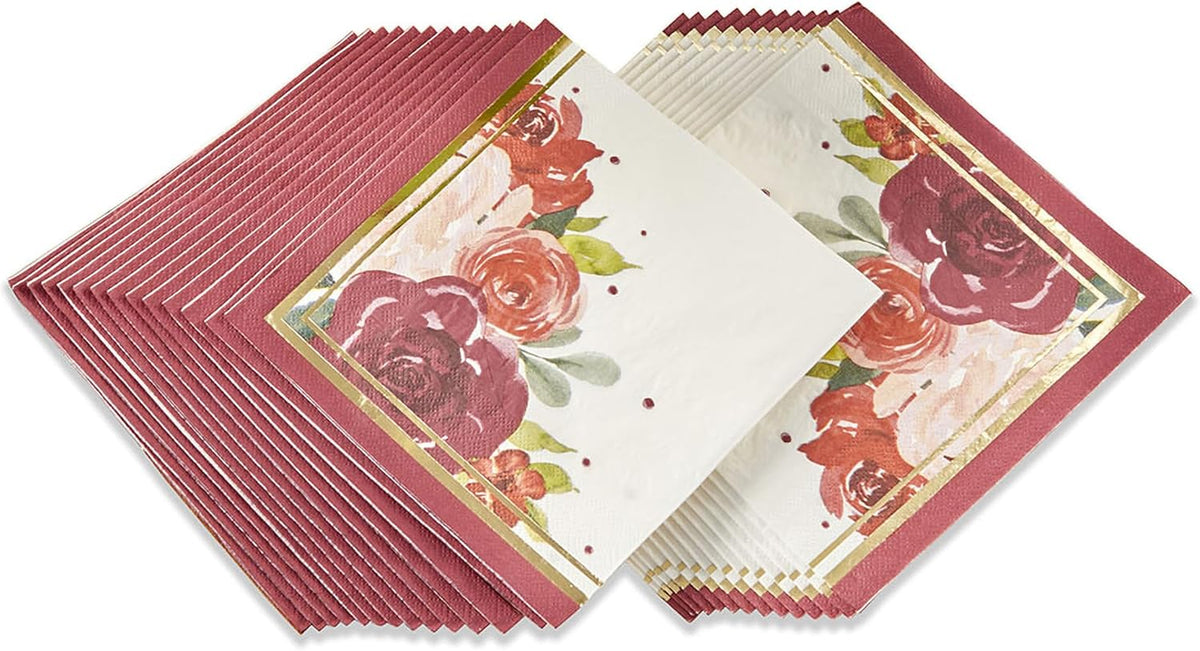 Burgundy Blush Floral Paper Napkins, Thick Decorative Dinner Napkins, Luncheon Serveware, Perfect for Wedding Reception Or Bridal Shower,Gold and burgundy