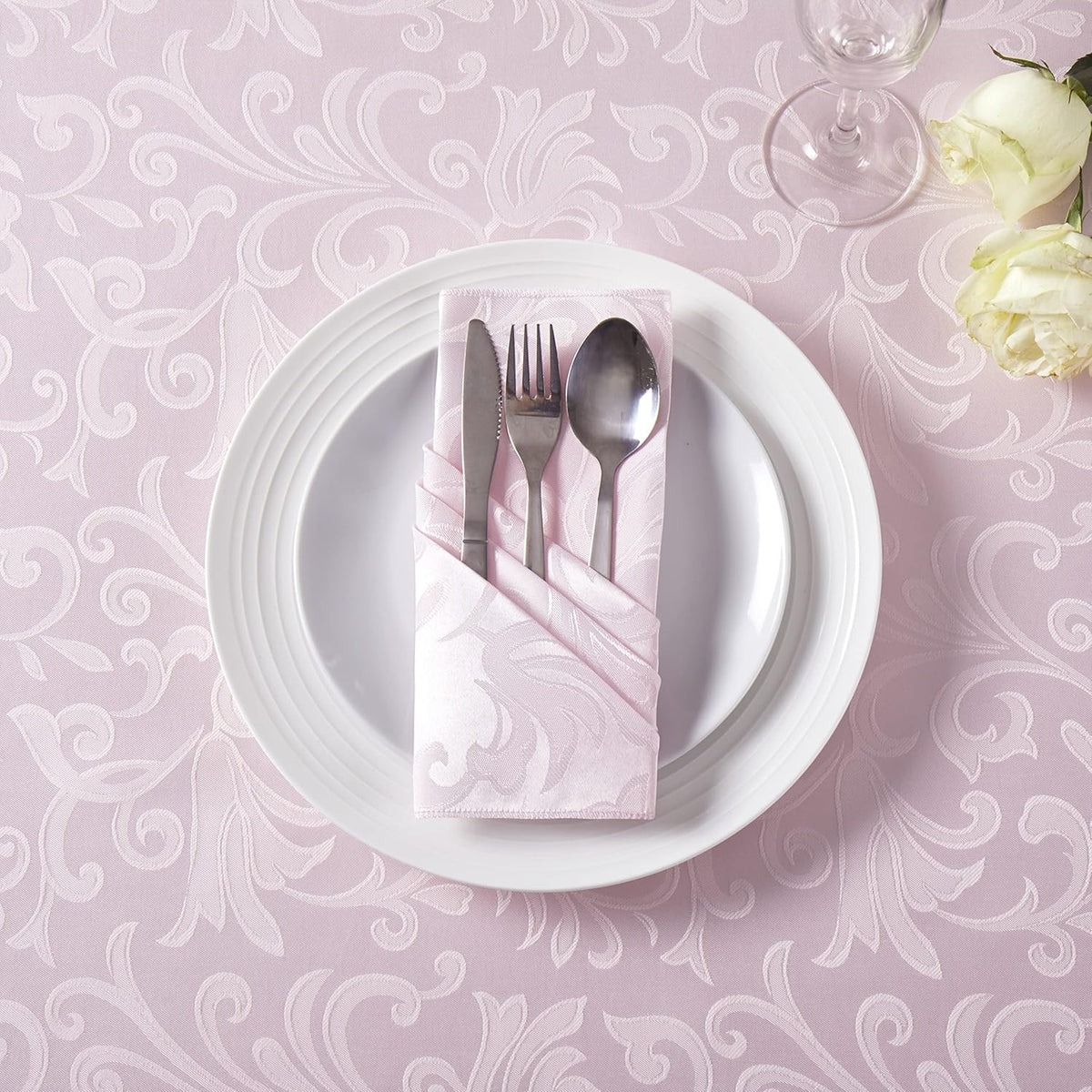 12 Pieces Scroll Damask Jacquard Satin Napkins Light Pink Cloth Napkins 17 x 17 inch,Water Resistant Spillproof Dinner Napkins for Restaurant Weddings Party Dinner Decoration