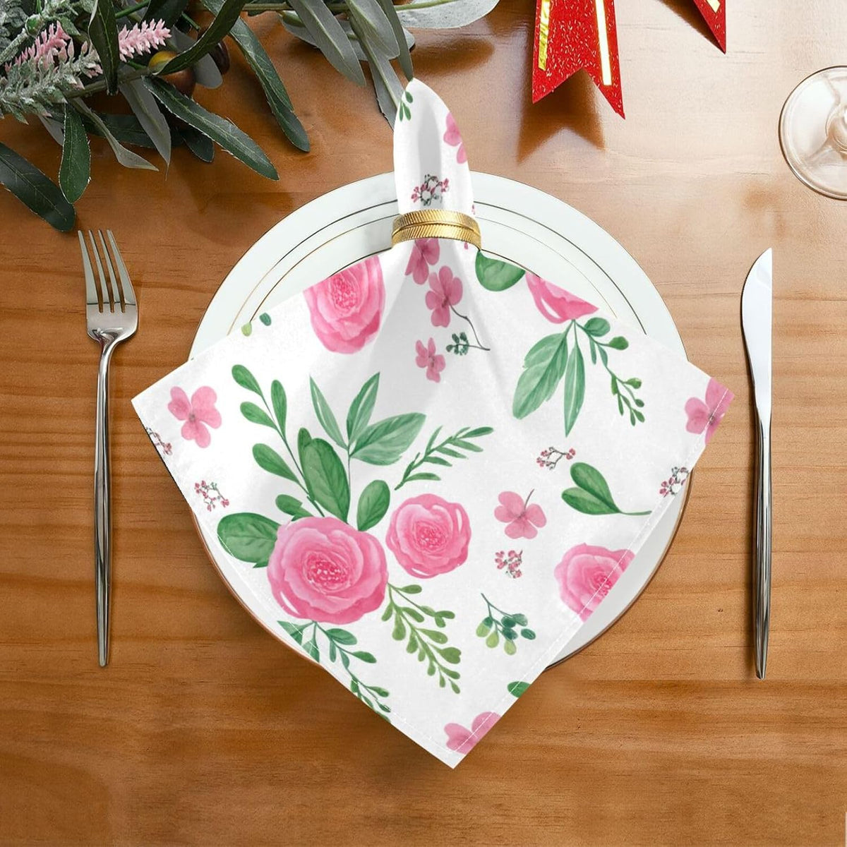 Qilmy Pink Flowers Cloth Napkins Set of 1, Ultra Soft Washable Reusable Polyester Dinner Table Napkins for Home Holiday Wedding Party 20 x 20 Inch