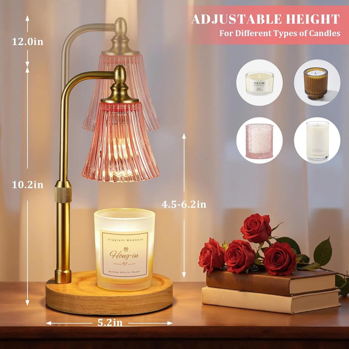 Pink Candle Warmer Lamp with Timer Dimmable,Birthday Gifts for Women,Adjustable Height Wax Melt Warmer for Jar Candles,House Warming Gifts New Home,Ideal for Office,Dorm,Bedroom Home Decor