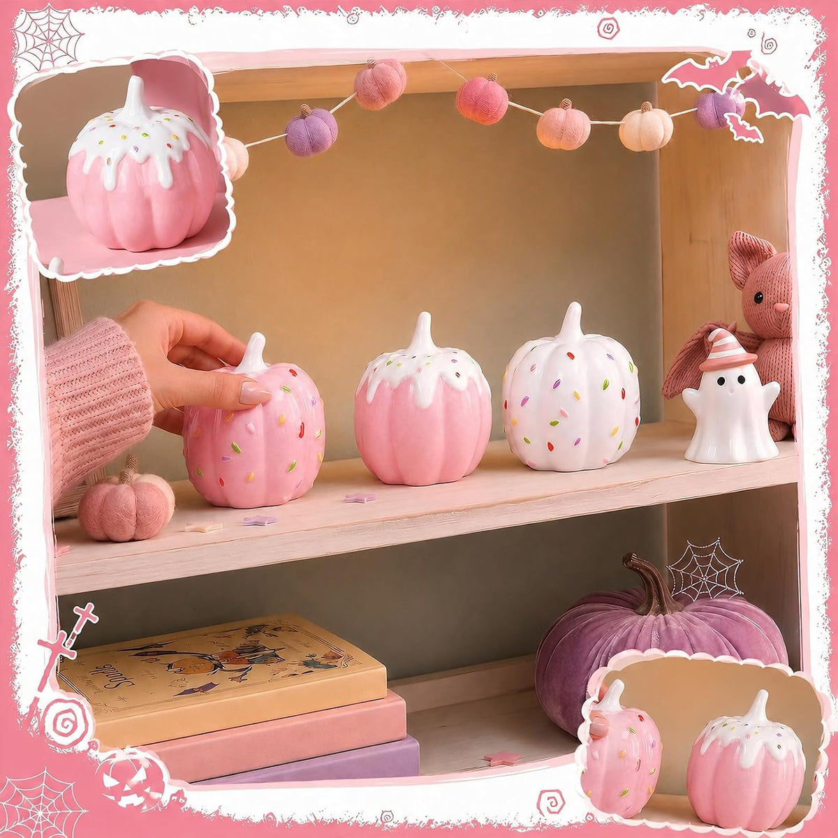 3 Pcs Pink Halloween Decor Pastel Ceramic Pumpkins Centerpieces