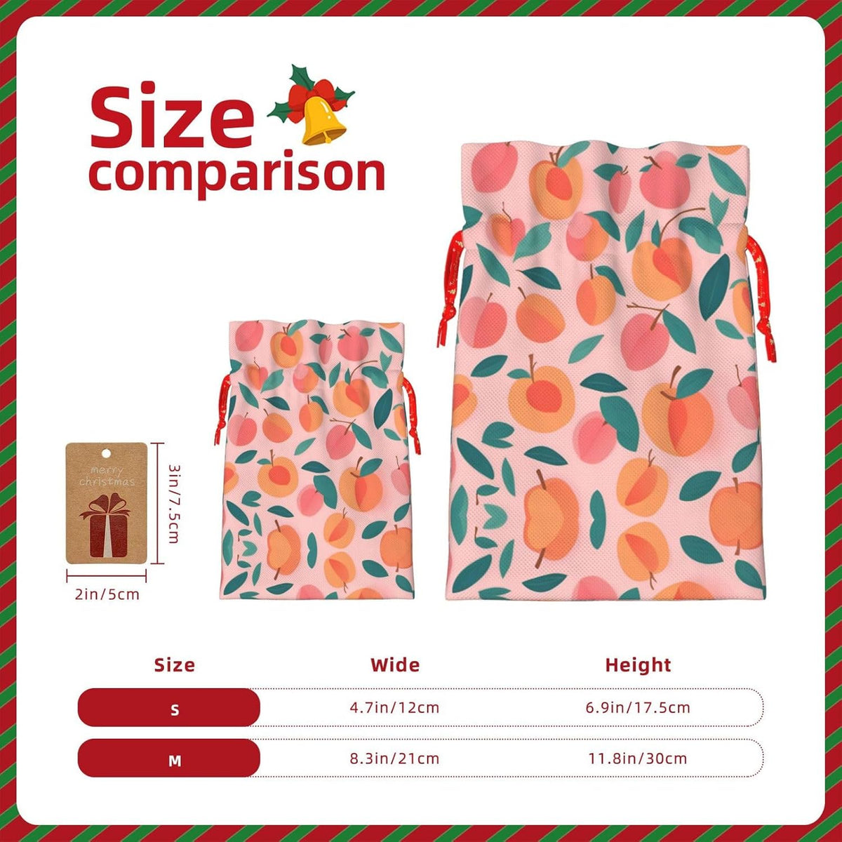 Pink Peach Pattern Seamless Pattern Printing 4.7x6.9 In Christmas Bag With Drawstring And Cute Kraft Tag, Fits Gifts And Daily Small Items