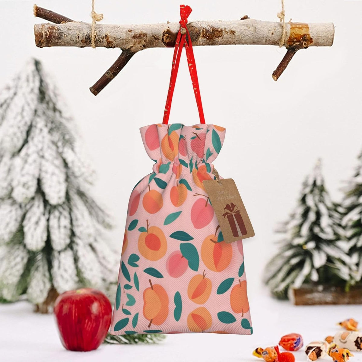 Pink Peach Pattern Seamless Pattern Printing 4.7x6.9 In Christmas Bag With Drawstring And Cute Kraft Tag, Fits Gifts And Daily Small Items