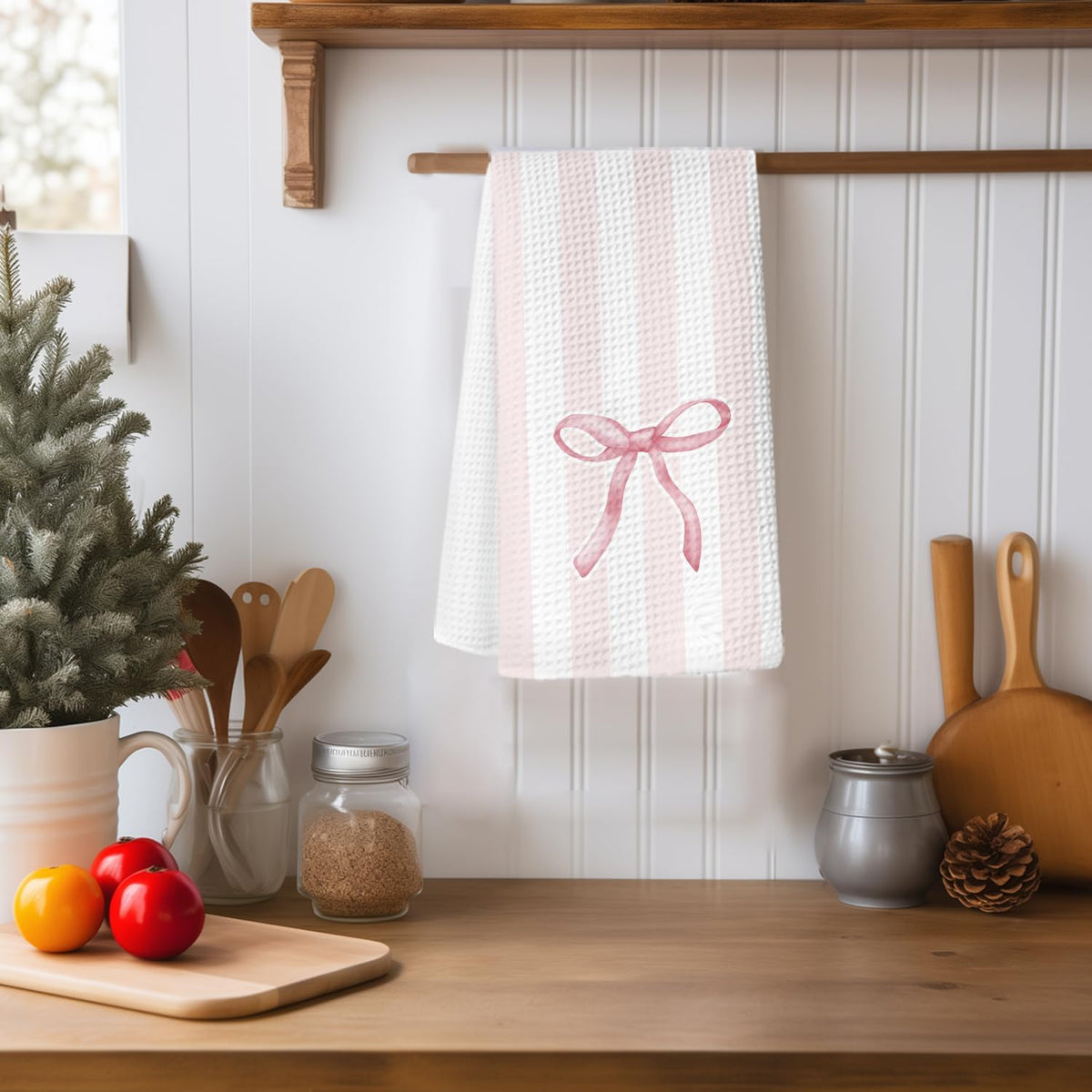 Coquette Bow Pink Striped Kitchen Towels, Preppy Aesthetic Pink Dish Tea Towels for Kitchen Decor, Preppy Bow Hand Towels for Bathroom, Coquette Girly Bathroom Decor, 16x24 Inch