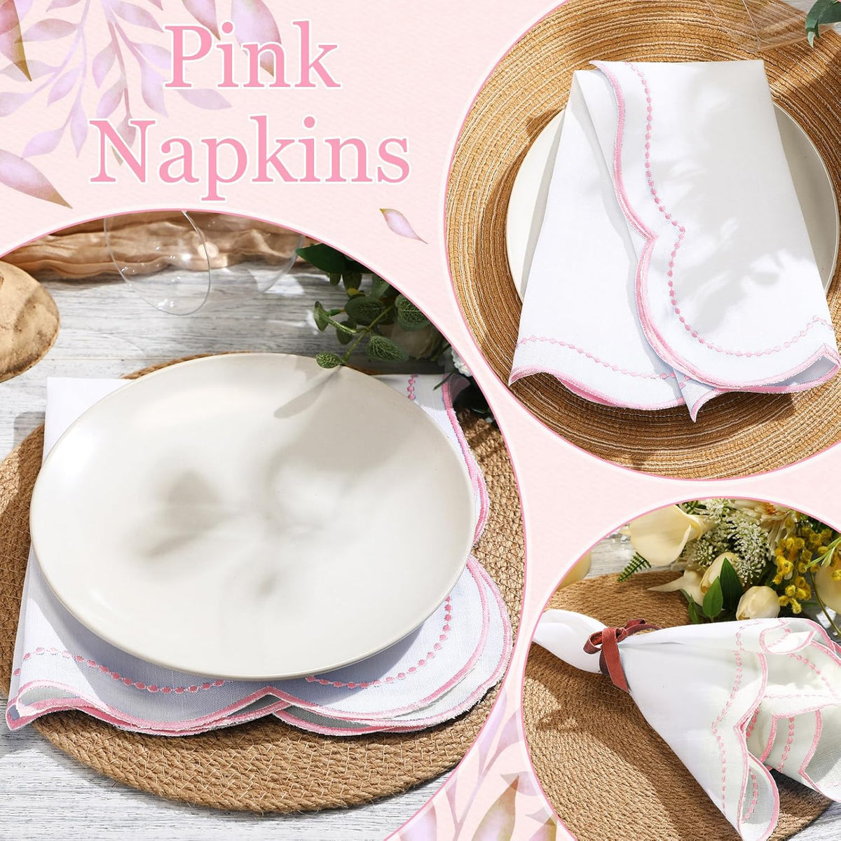 Hahafelt 6 Set Cloth Napkins 18x18inches Scalloped Embroidery Cloth Napkins Washable Polyester Table Dinner for Hotel Restaurant Weddings Events Parties (Light Pink)