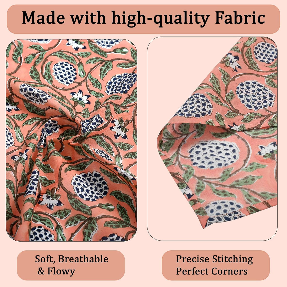 Ridhi Dark Salmon Hand Block Print 100% Cotton Napkins 18" x 18" (Set of 4) Reuseable Kitchen Napkins Cloth Decor Dinner Party Wedding Cocktail Gift for Spring, Easter, Valentine