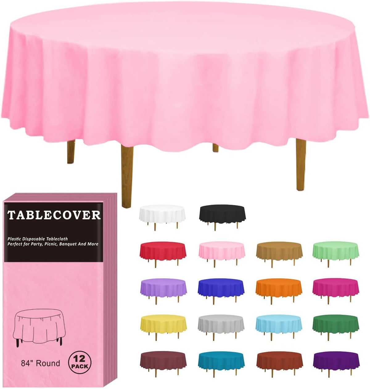 12 Pack Pink Disposable Plastic Tablecloth, 84" Round Table Cover