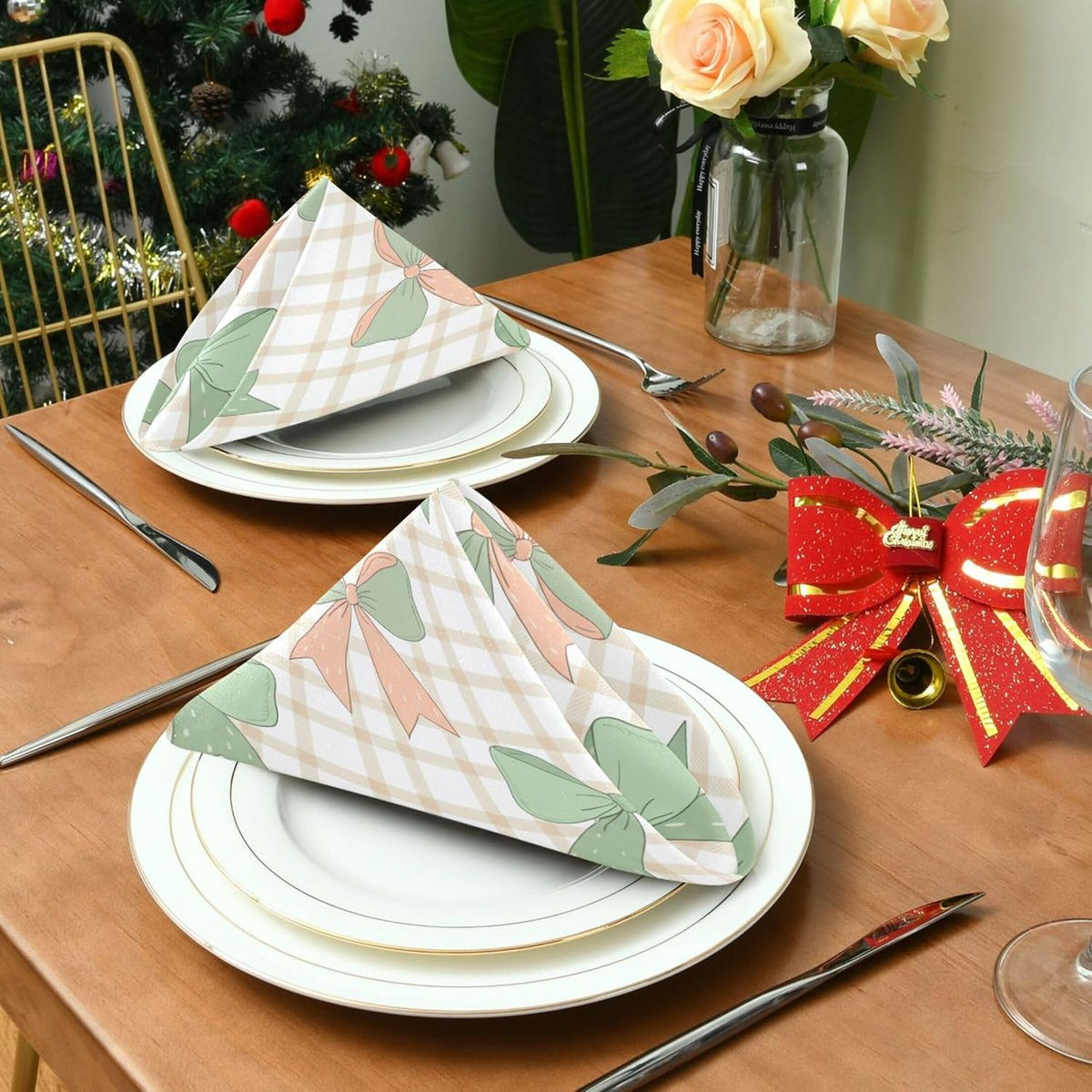 Cloth Napkins Set of 6 Green Peach Bows on Checkered Dinner Napkins 20x20 in, Washable & Reusable Fabric Table Napkin for Dining Parties Holiday, Eco-Friendly