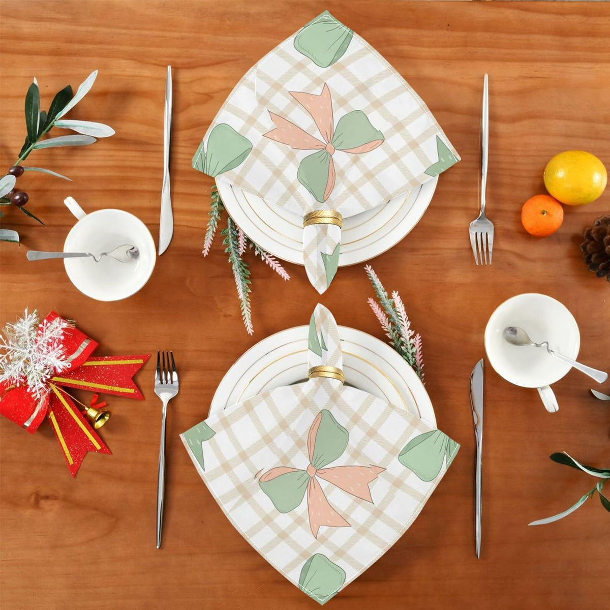 Cloth Napkins Set of 6 Green Peach Bows on Checkered Dinner Napkins 20x20 in, Washable & Reusable Fabric Table Napkin for Dining Parties Holiday, Eco-Friendly
