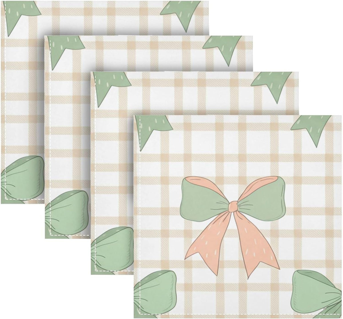 Cloth Napkins Set of 6 Green Peach Bows on Checkered Dinner Napkins 20x20 in, Washable & Reusable Fabric Table Napkin for Dining Parties Holiday, Eco-Friendly