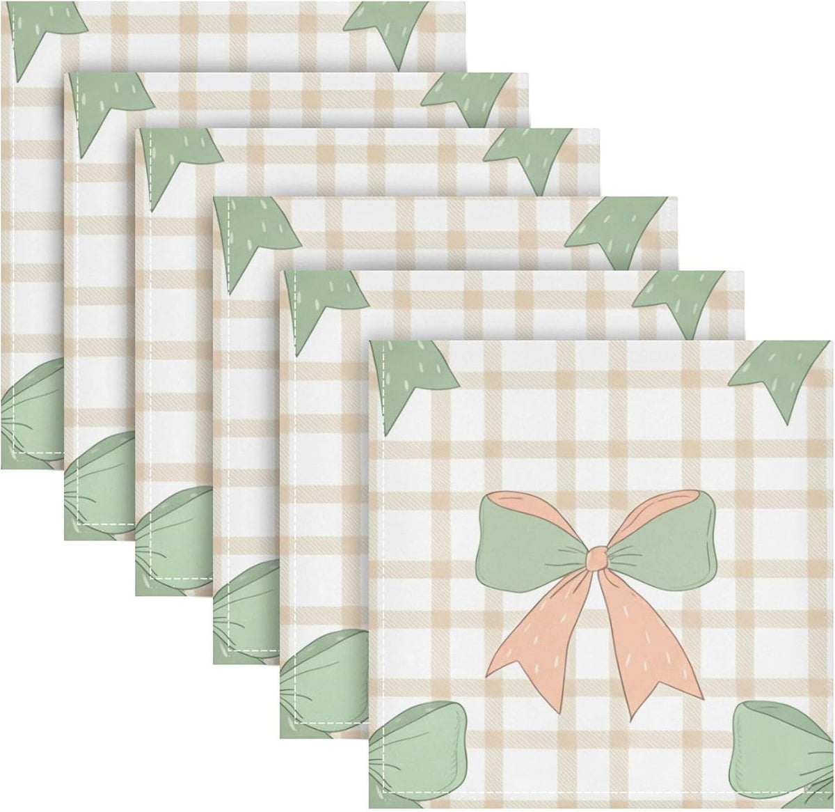 Cloth Napkins Set of 6 Green Peach Bows on Checkered Dinner Napkins 20x20 in, Washable & Reusable Fabric Table Napkin for Dining Parties Holiday, Eco-Friendly
