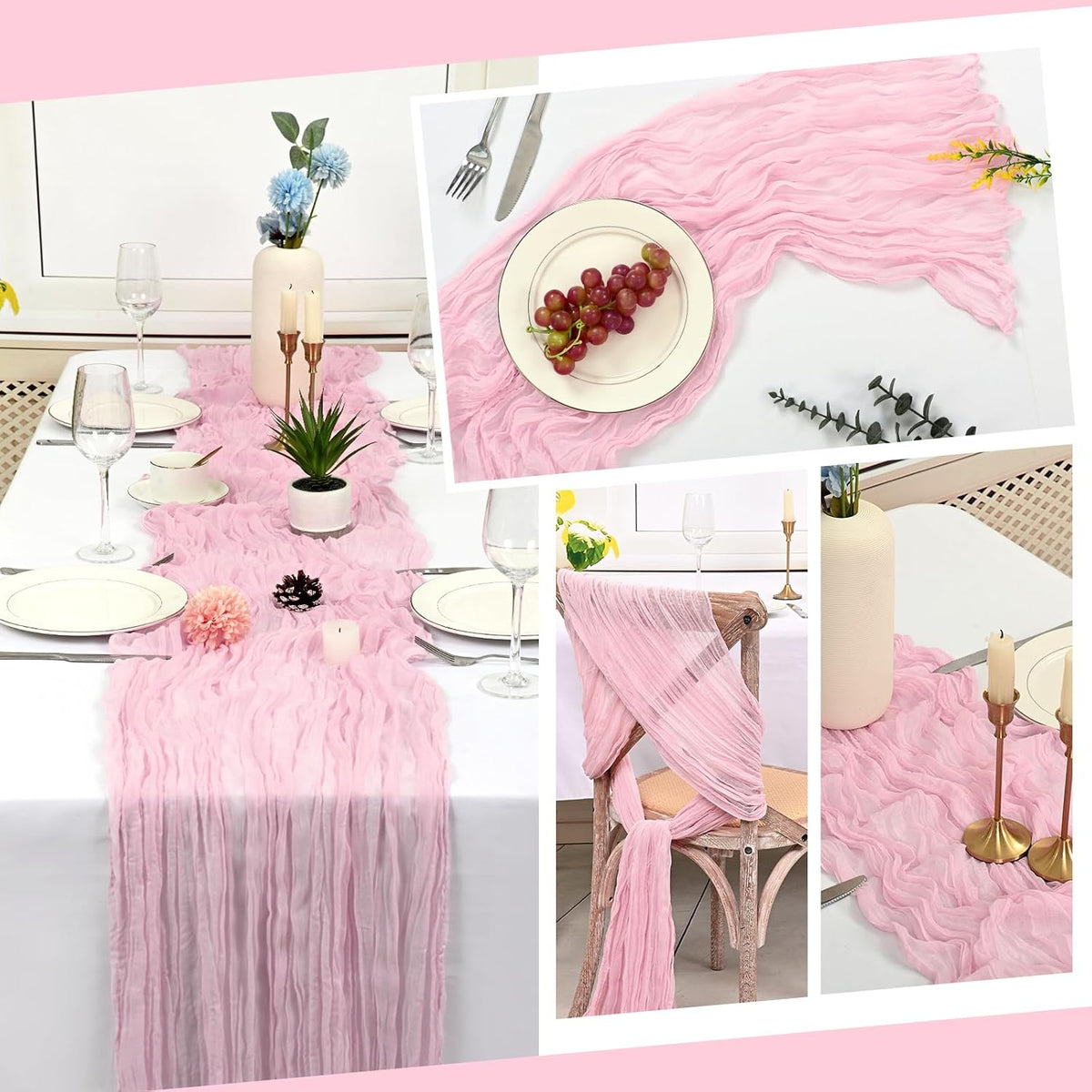 3 Pack Light Pink Table Runner 17x108 Inch Cheesecloth Table Runner Boho Gauze Table Runners Romantic Rustic Sheer Fabric Cheese Cloth Table Runners for Wedding Party Baby Shower Birthday Home Decor