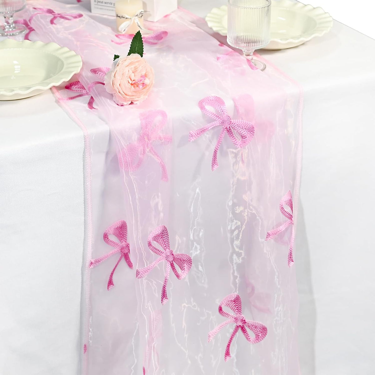 Valentines Day Decor Table Runner Bow Tulle Embroidery Pink 10 ft Coquette Pink Cheesecloth Table Runner 120 Inch Gauze Boho Dining Decor for Valentine‘s Christmas Baby Shower Birthday Wedding Decor