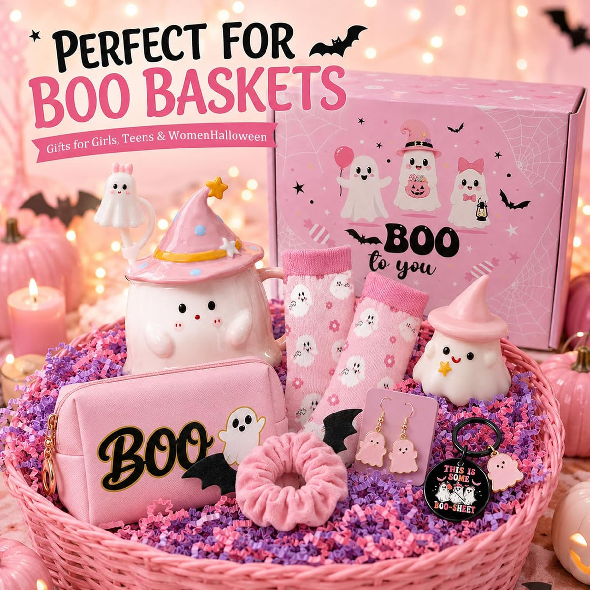 Pink Halloween Boo Basket Women Stuffers Set with 14oz Ghost Cups