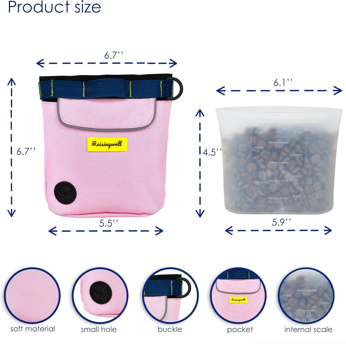 Dog Treat Pouch for Pet Walking and Training with Clicker 2 Cup Silicone Bag Small Fanny Pack Holder for Puppy Snack Dispenser Kit for Leash and Outdoor Use (Pink)