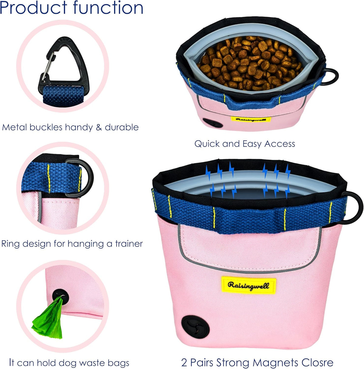 Dog Treat Pouch for Pet Walking and Training with Clicker 2 Cup Silicone Bag Small Fanny Pack Holder for Puppy Snack Dispenser Kit for Leash and Outdoor Use (Pink)