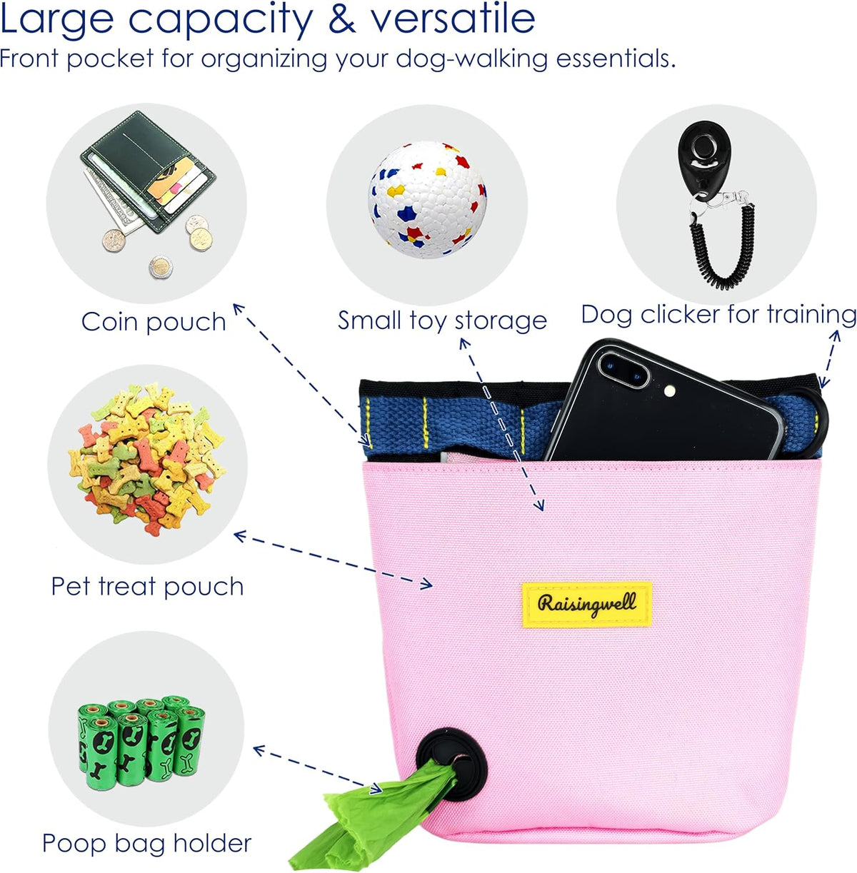 Dog Treat Pouch for Pet Walking and Training with Clicker 2 Cup Silicone Bag Small Fanny Pack Holder for Puppy Snack Dispenser Kit for Leash and Outdoor Use (Pink)