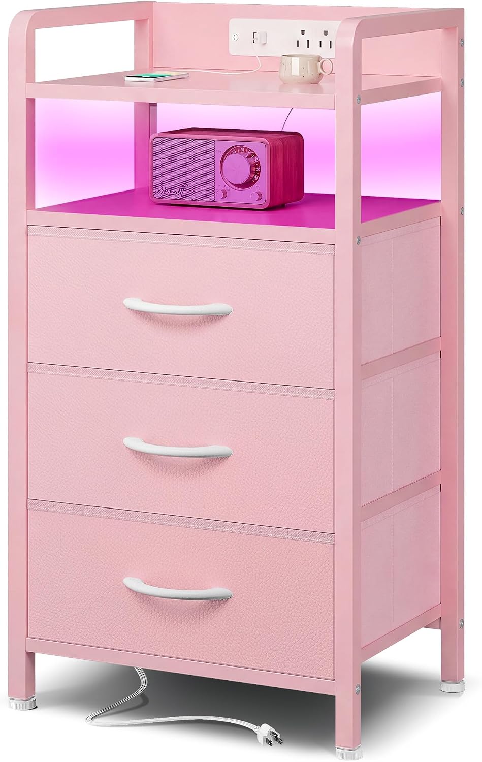 Nightstand with Rear Charging Station, LED Light, 3 Drawers, Pink