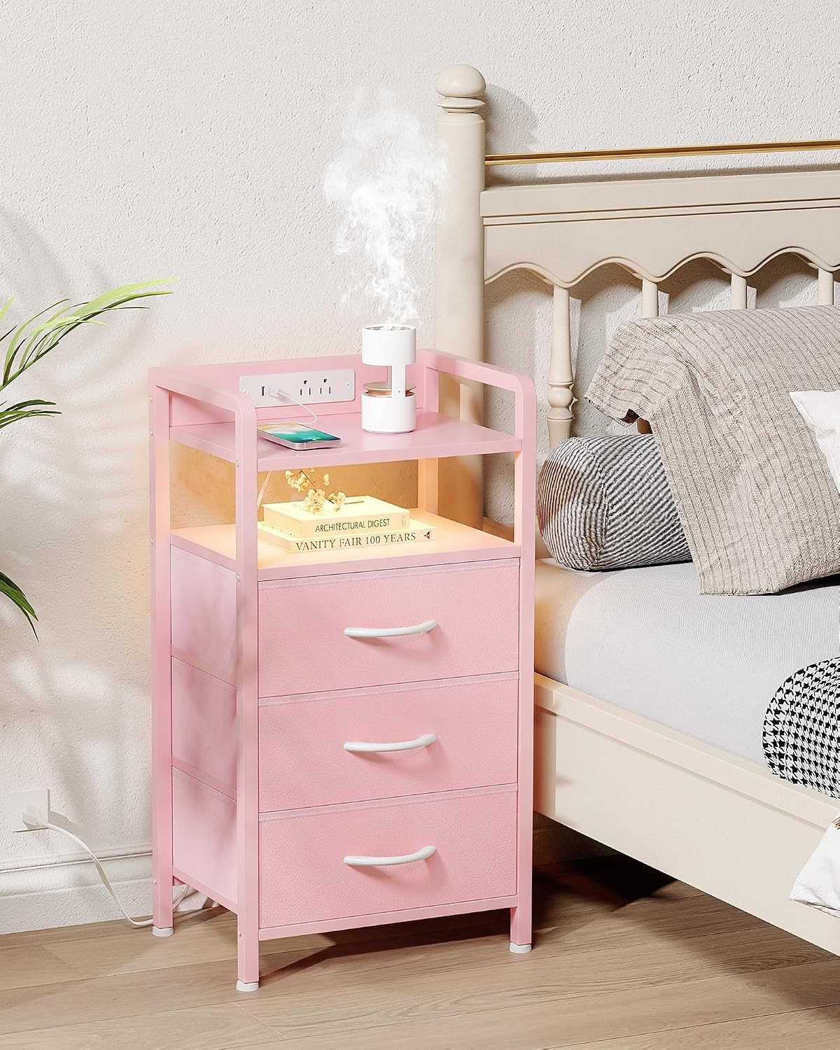 Nightstand with Rear Charging Station, LED Light, 3 Drawers, Pink