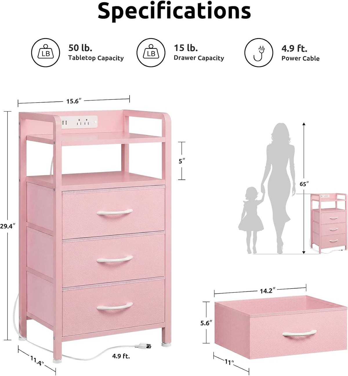 Nightstand with Rear Charging Station, LED Light, 3 Drawers, Pink
