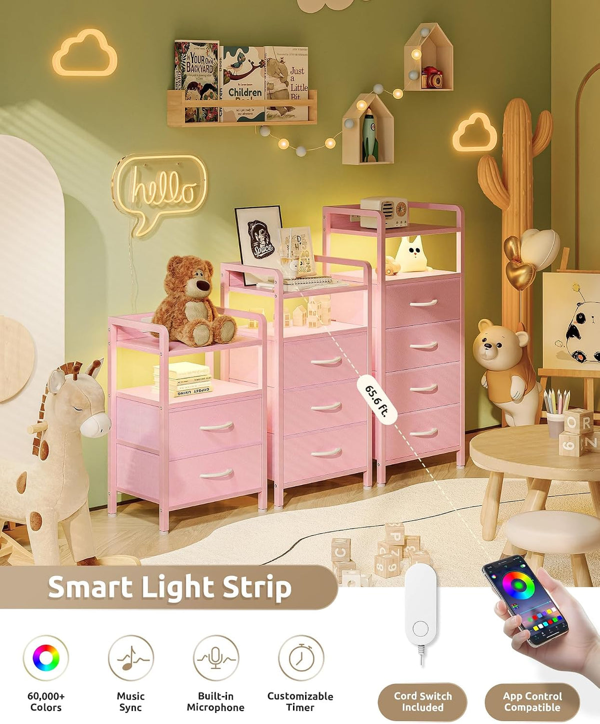 Nightstand with Rear Charging Station, LED Light, 3 Drawers, Pink