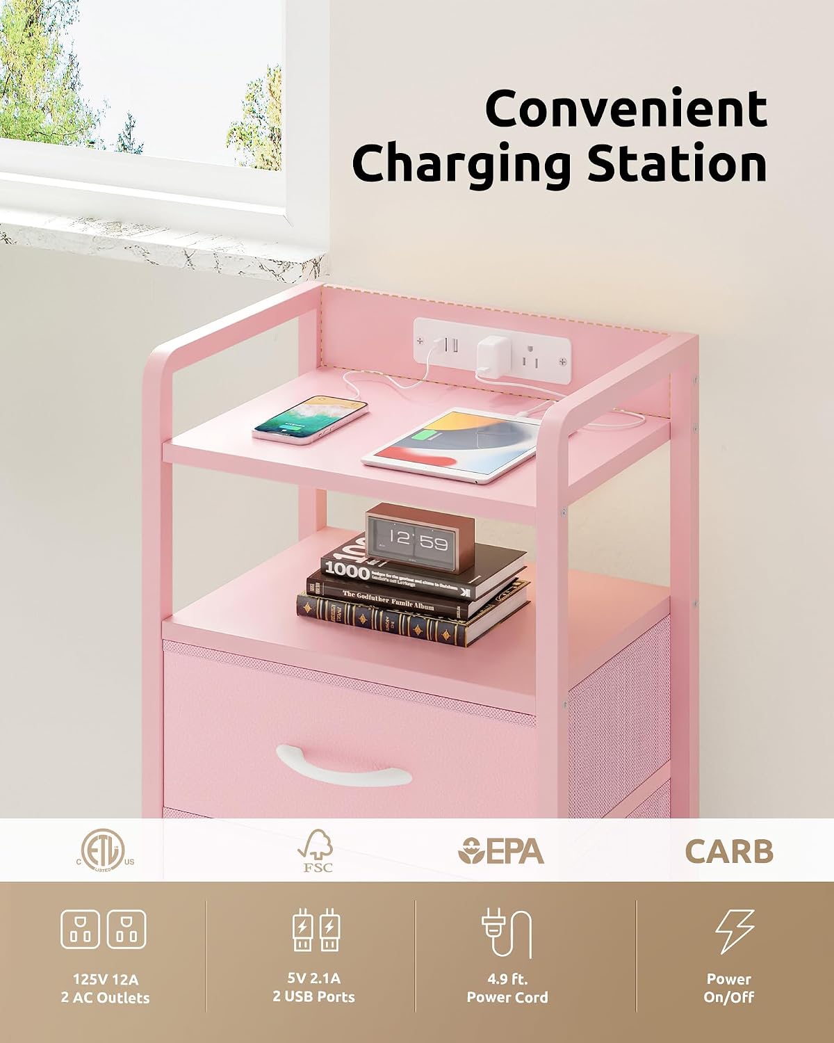 Nightstand with Rear Charging Station, LED Light, 3 Drawers, Pink