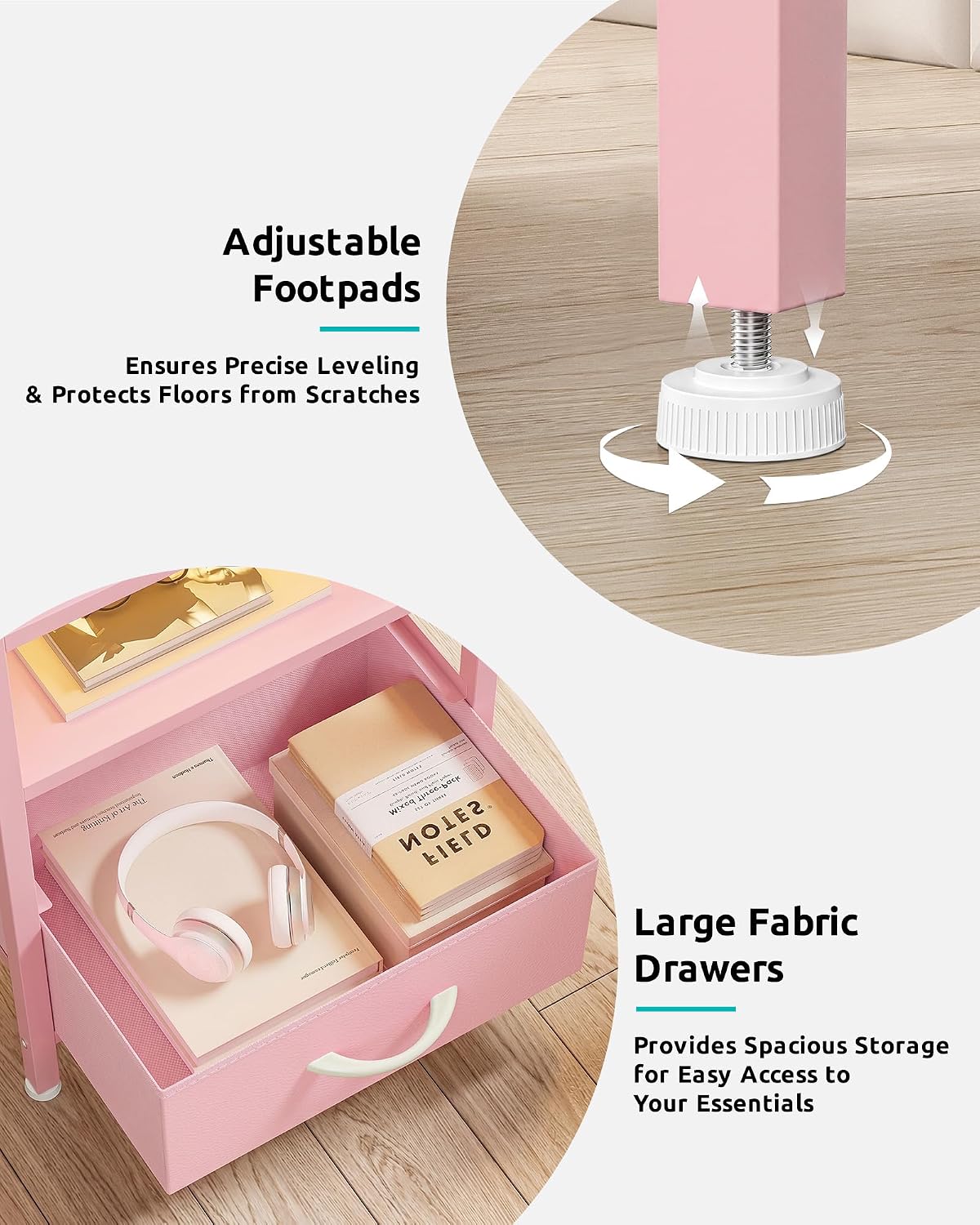 Nightstand with Rear Charging Station, LED Light, 3 Drawers, Pink