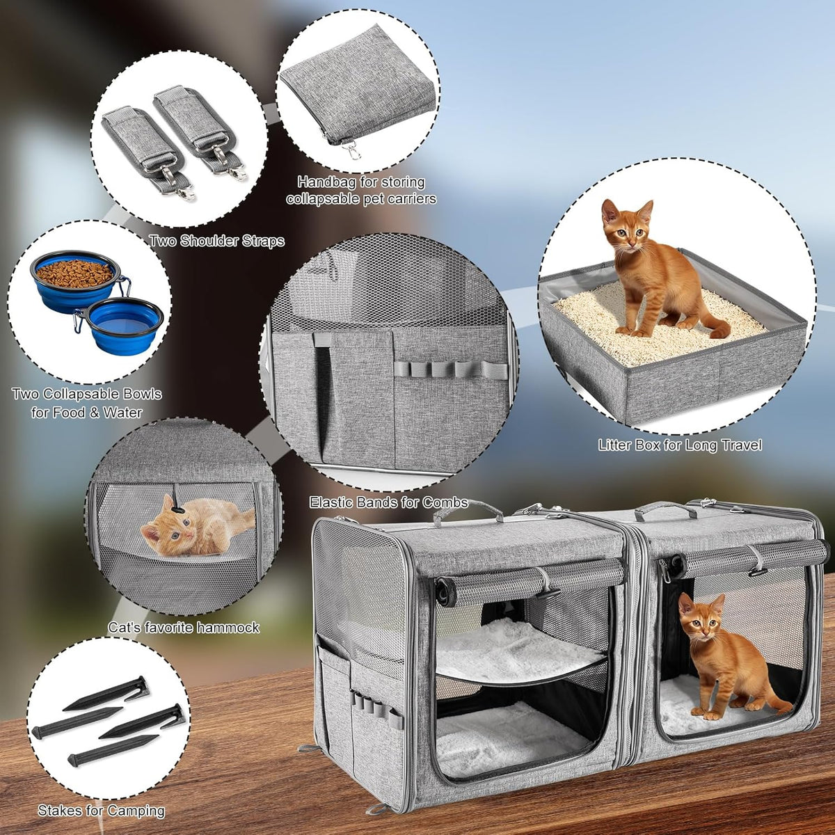 Large Cat Carrier for 2 Cats with Zipper Locks, Double Cat Carrier with Travel Litter Box, Soft Pet Travel Carrier for Cats and Small Dogs Up to 45 Lbs, Gray
