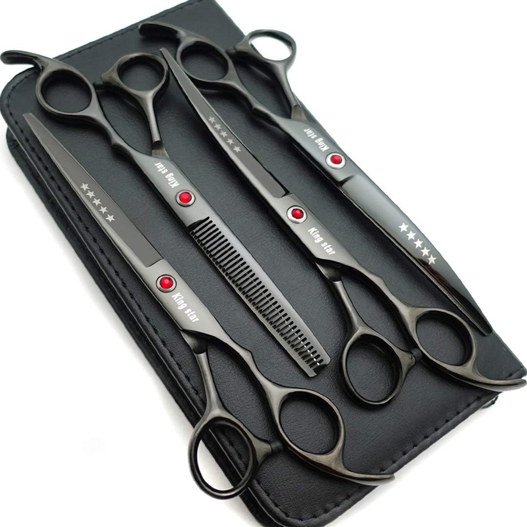 7.0in Titanium Professional dog Grooming Scissors set,Straight & Thinning & Curved scissors 4pcs set for Dog grooming (Bright black)