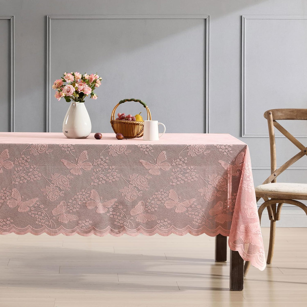 HLC.ME Butterfly Floral Lace Tablecloth, Rectangle, 60x84 Inch, Blush Pink