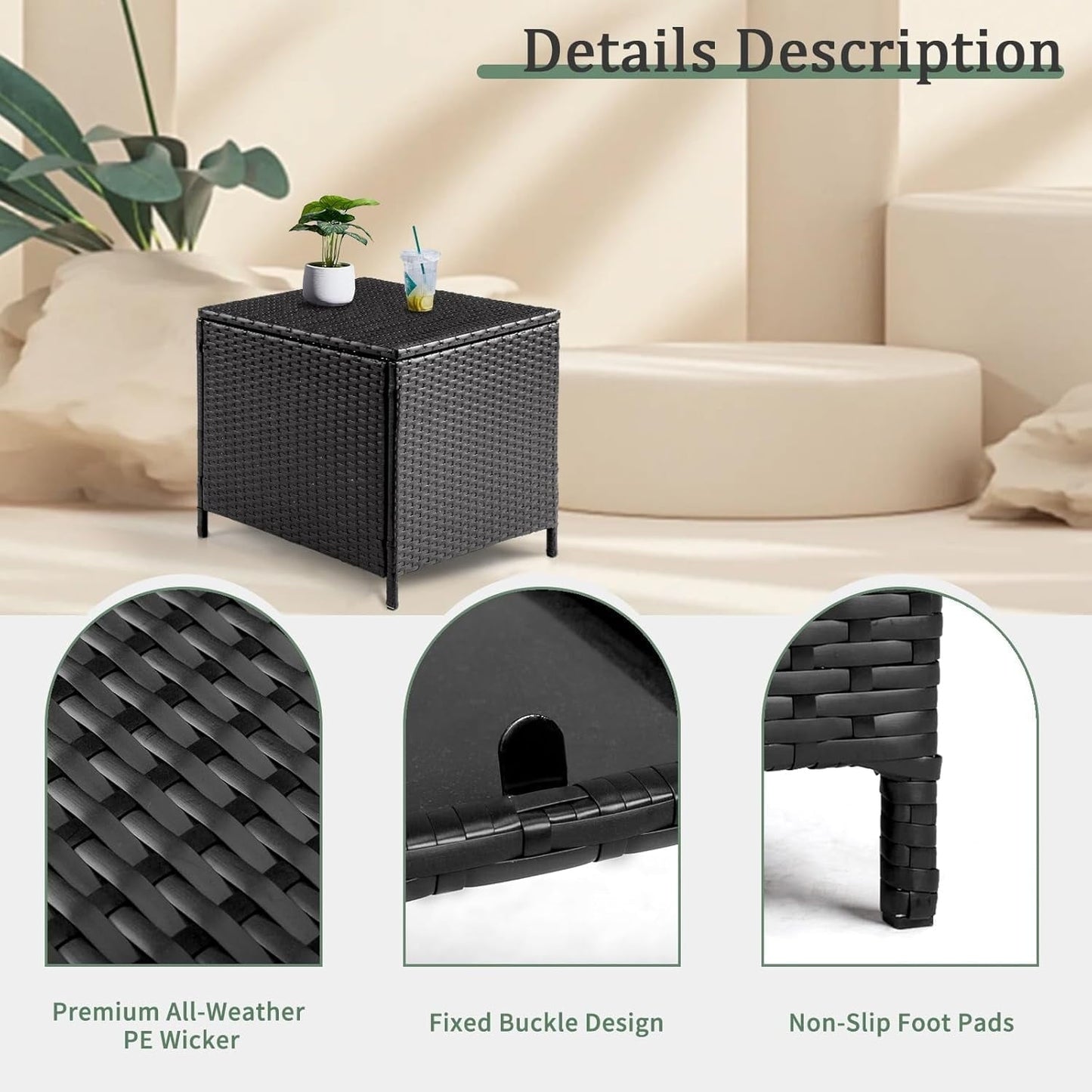 GaoJ Outdoor Side Table, Rattan Coffee Table with Storage 27 Gallon Patio Small Deck Storage Box for Cushion Towel Books, Brown Side Table with lid，Black