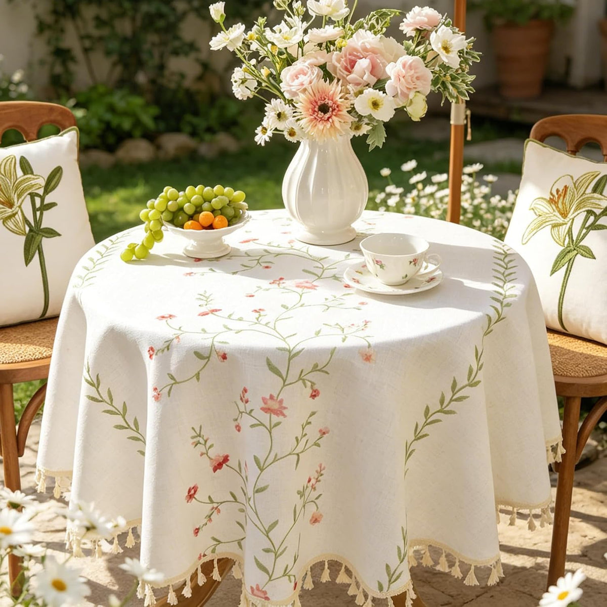 Pink Floral Embroidery 55" Round Tablecloth with Tassels